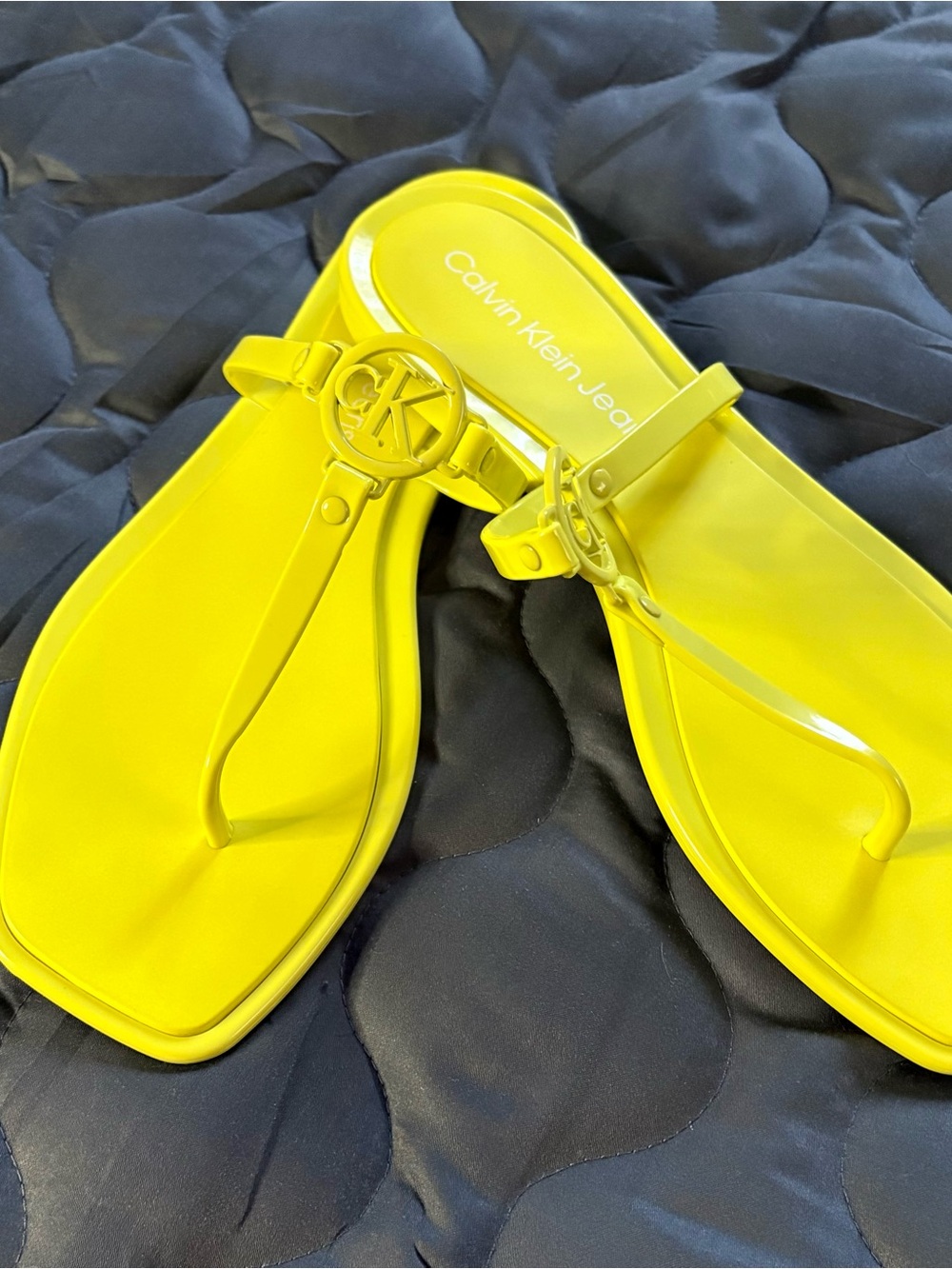 Calvin Klein Bright Yellow Jelly Thong Sandals with CK Medallion
